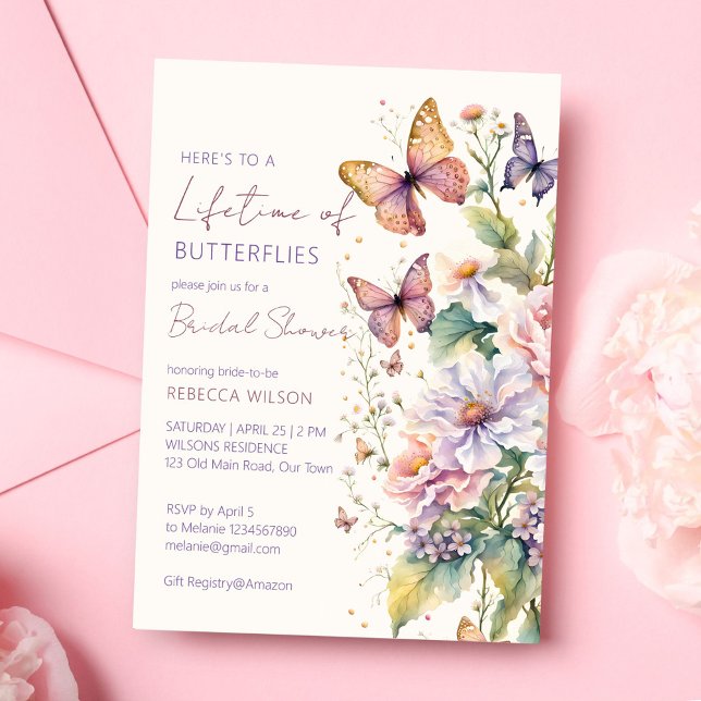 Convites Vida das borboletas chá de panela floral (Lifetime of Butterflies floral garden bridal shower Invitation template spring summer wild flowers)