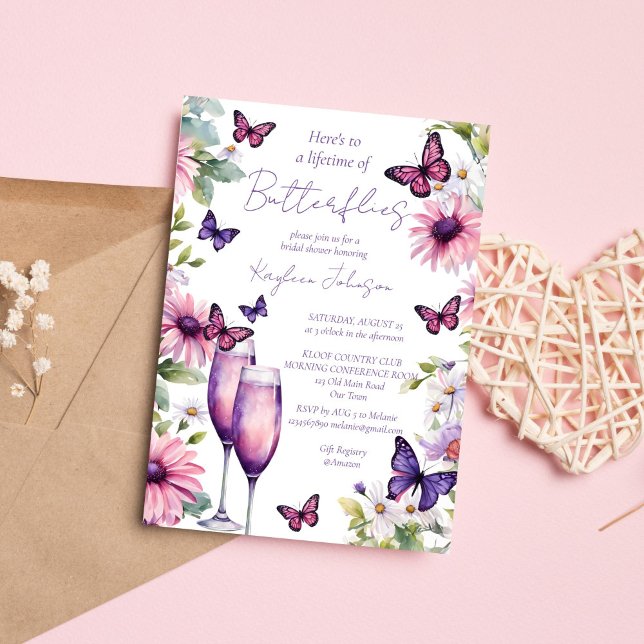Convites Vida das borboletas chá de panela roxo (Lifetime of butterflies purple pink spring summer bridal shower invitation template digital download)
