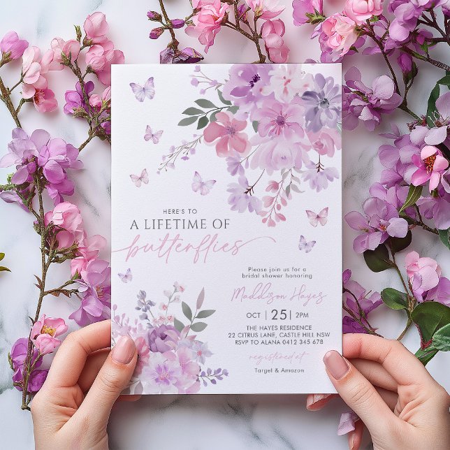 Convites Vida das borboletas Chá de panela roxo (Here's a lifetime of butterflies | Purple floral butterfly bridal shower invitation)