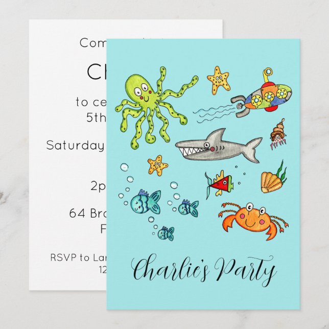 Convites Vida Marinha Personalizada Sob o Mar (Frente/Verso)