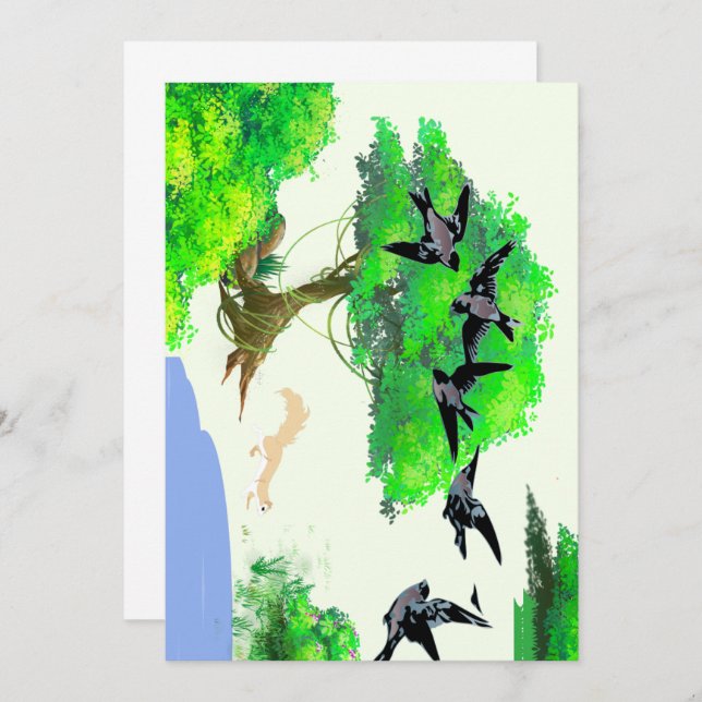 Convites Vida na Floresta primavera com Aves e Esquilo - Na (Frente/Verso)