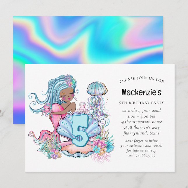 Convites Vida no Mar Mermaid | Festa de aniversário com ida (Frente/Verso)