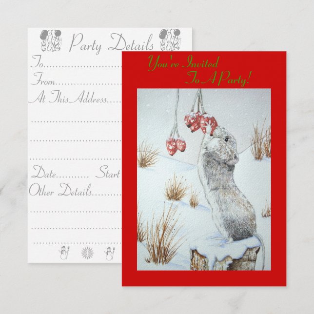 Convites Vida selvagem de ratos e bagas vermelhas e de neve (Frente/Verso)