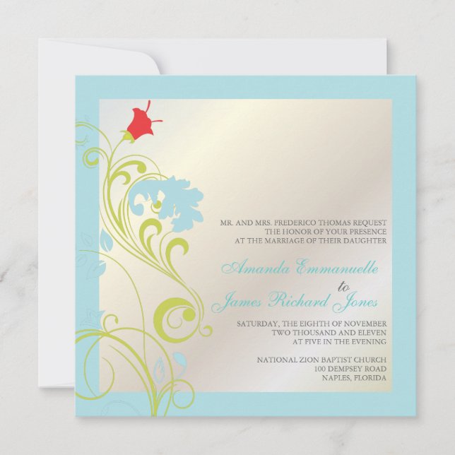 Convites Videira ornamental/azul aqua/verde/cinza (Frente)