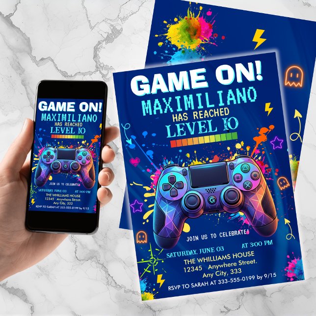 Convites Video Game Birthday Invitation - Gamer Level up (Criador carregado)