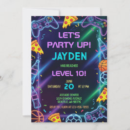 Convites Video Game Birthday Invitation, Neon Gaming Party