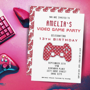 Convites Video Game Party Red Controller Gaming Birthday