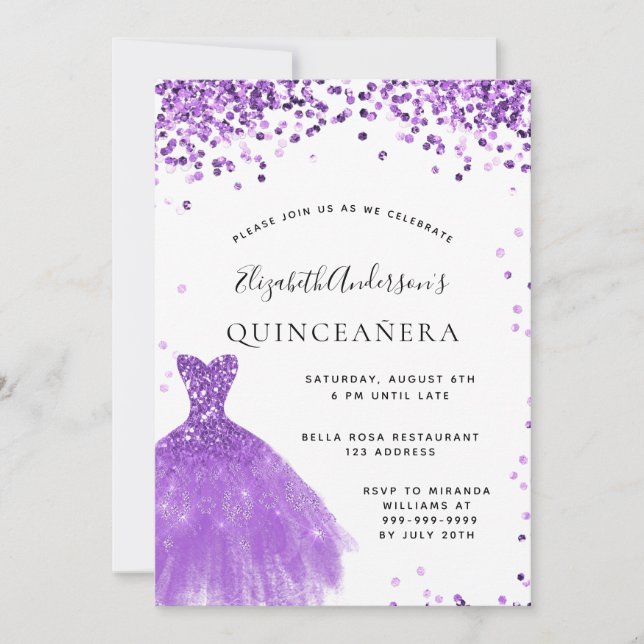 Convites Vidro branco violeta de Quinceanera (Frente)