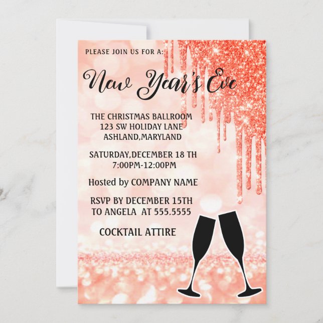 Convites Vidro de Ano Novo, Maravilhoso, Elegante, Rosa (Frente)