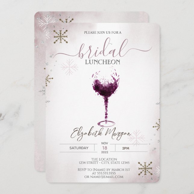 Convites Vidro de Borgonha Flocos de Neve Bridal (Frente/Verso)