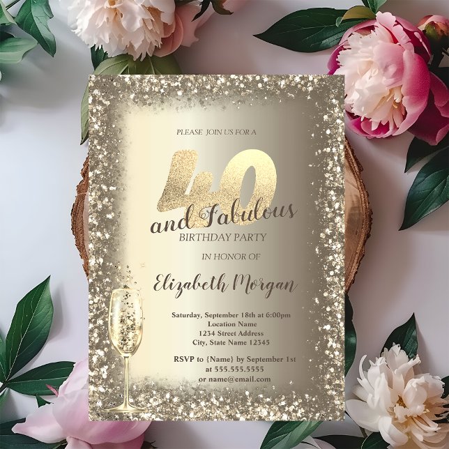 Convites Vidro de Champagne Dourado Confetti Quadro 40º (Criador carregado)