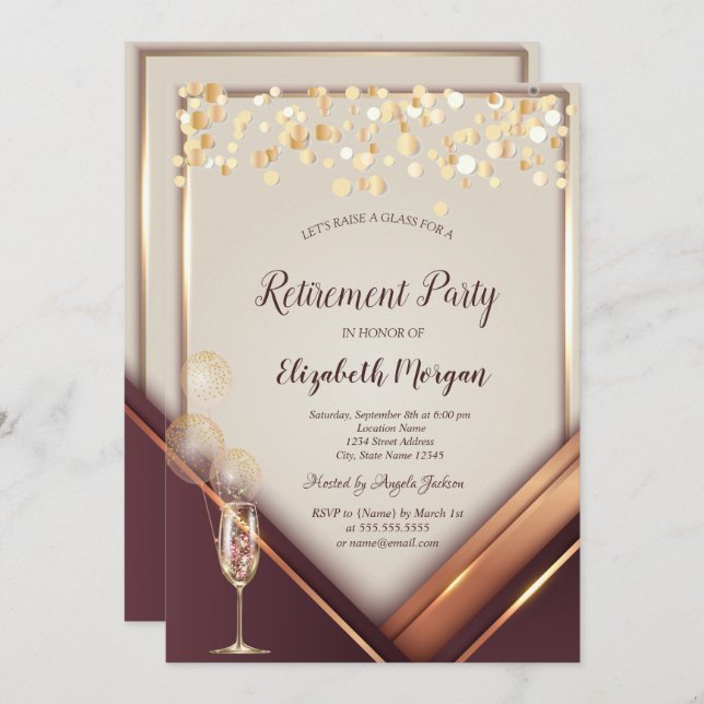 Convites Vidro de Champanhe Balões de Frame Dourado (Frente/Verso)