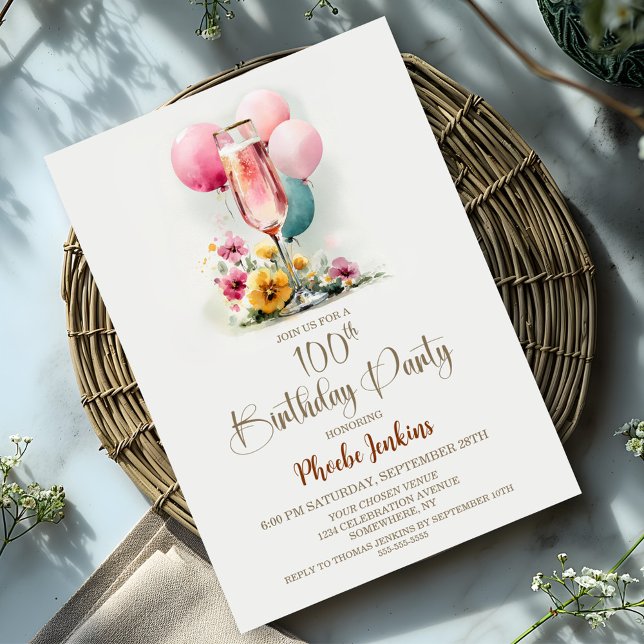 Convites Vidro de Champanhe Rosa 100ª Festa de aniversário (Criador carregado)