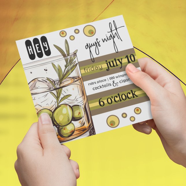 Convites Vidro de Rochas | Azeitonas | Cara Night Out (Boys night out bachelor party customizable invitation with olives and rocks glass. )