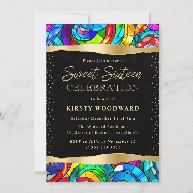 Convites Vidro Dourado e multicolorido Sweet 16 (Frente)