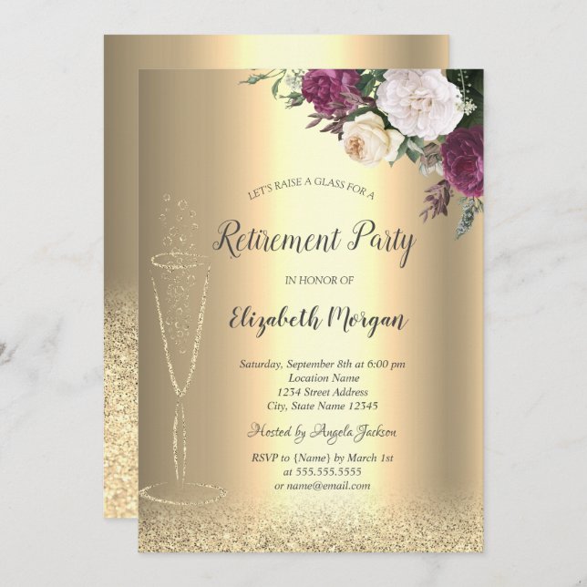 Convites Vidro Dourado Luminoso Bokeal Aposentação Floral (Frente/Verso)