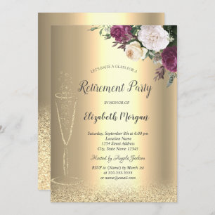 Convites Vidro Dourado Luminoso Bokeal Aposentação Floral