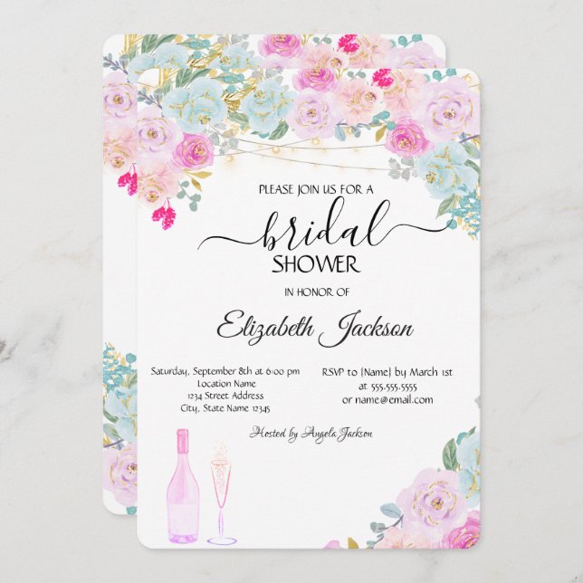 Convites Vidro Luz Rosa Chá de panela (Frente/Verso)