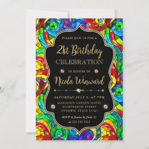 Convites Vidro Manchado Multicolorido e Dourado Aniversário