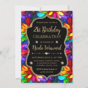 Convites Vidro Manchado Multicolorido e Dourado Aniversário