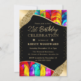 Convites Vidro Manchado Multicolorido e Dourado Aniversário