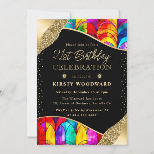 Convites Vidro Manchado Multicolorido e Dourado Aniversário