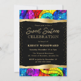 Convites Vidro Manchado Multicolorido e Dourado Sweet 16