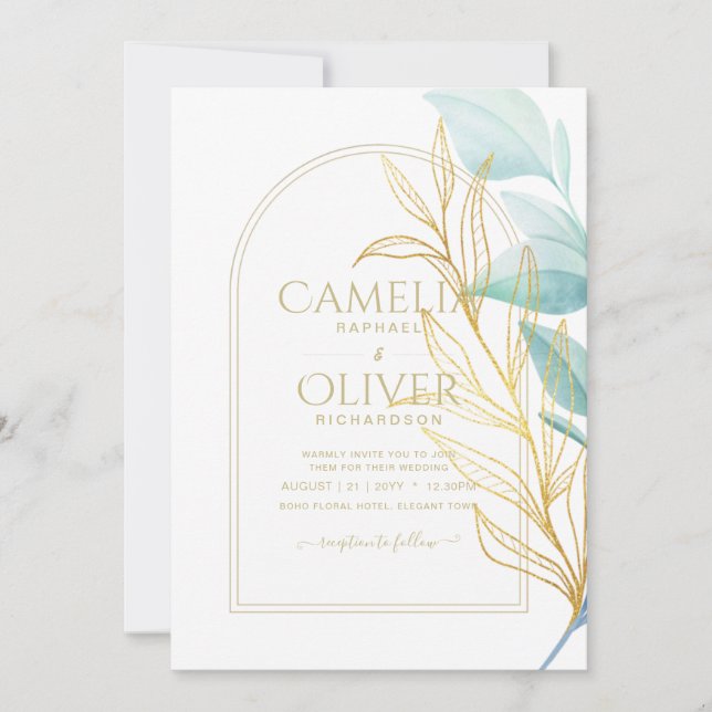 Convites Vidro marítimo em 1 Aqua Green Dourada deixa casam (Frente)