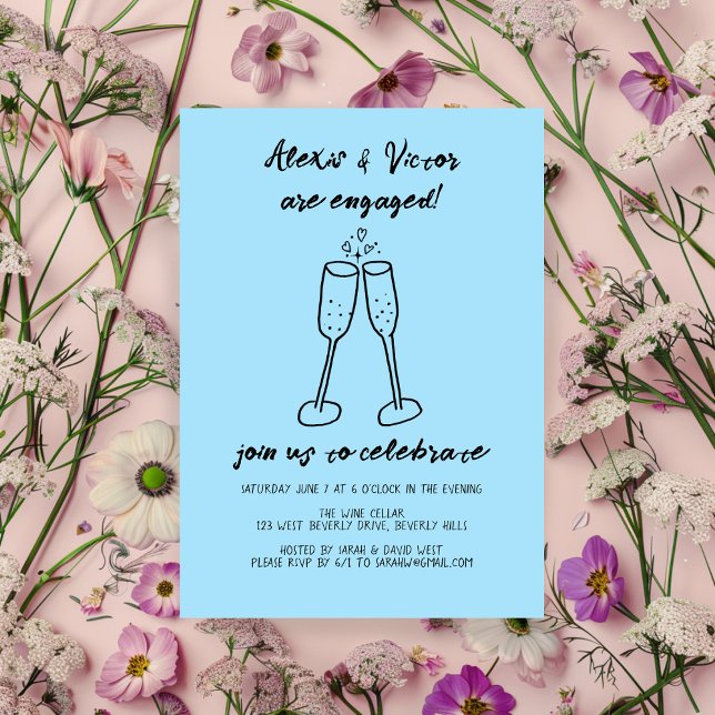 Convites Vidros de champanhe animam Festa de noivado person (Champagne Glasses Cheers Custom Engagement Party Invitation Blue Hand Drawn Doodle
)