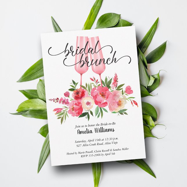 Convites Vidros de champanhe de Chá de panela Brunch e Bubb (Bridal shower brunch and bubby pink champagne glasses invitations - INSTANT DOWNLOAD and PRINTED)