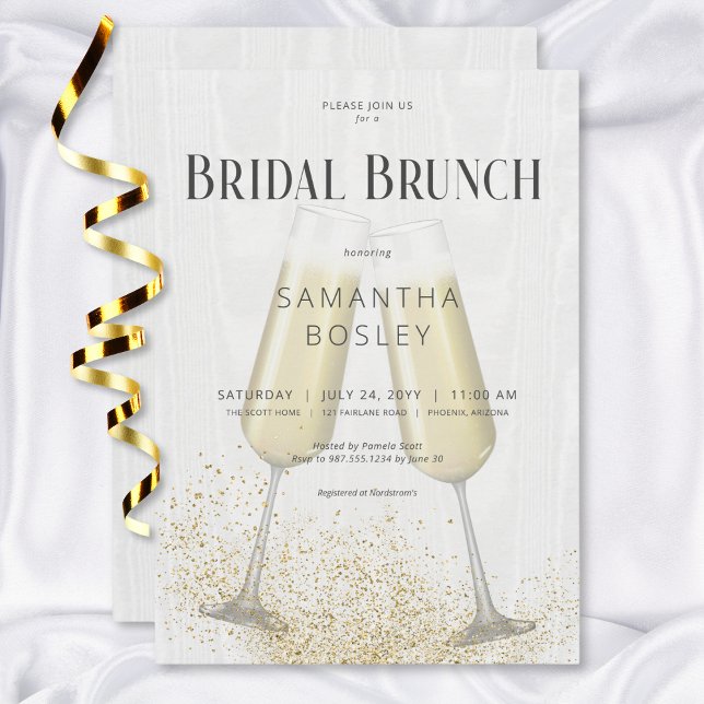 Convites Vidros de Champanhe Modernos e Brunch de Brida Gli (Modern Champagne Glasses & Glitter Bridal Brunch Invitation)