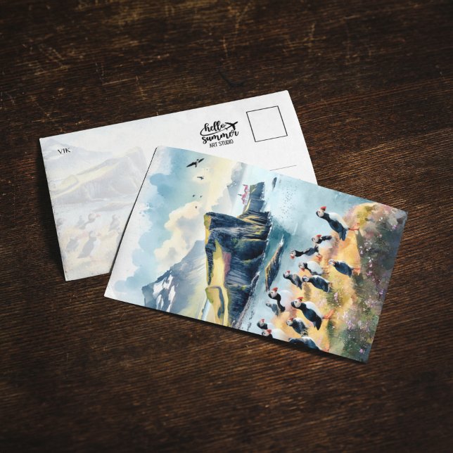 Convites Vik Puffins Islândia Watercolor Postcard (Criador carregado)