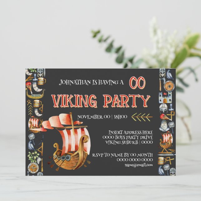 Convites Viking Birthday Invitation Boys 1–7 Navy blue red (Em pé/Frente)