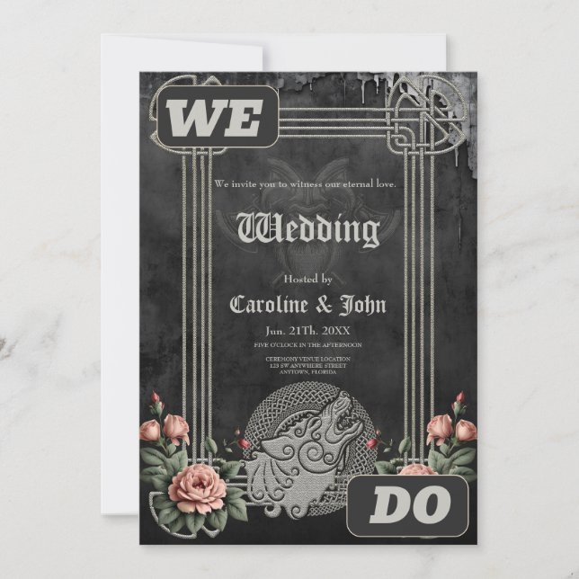 Convites Viking Wolf & Rosas. Uma cabeça estilizada de lobo (Frente)