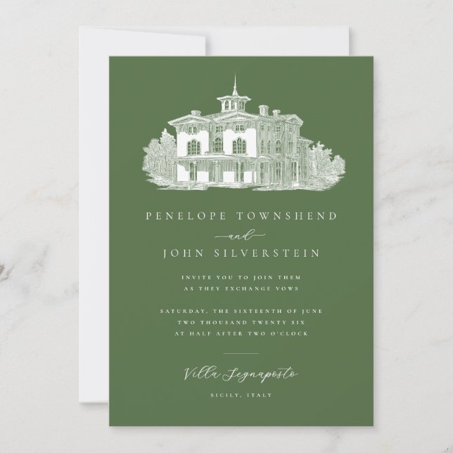 Convites Villa Illustration Olive Green Wedding Italiano (Frente)