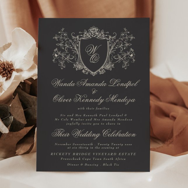 Convites Vinatage Floral Crest Charcarboneto Casamento (Criador carregado)