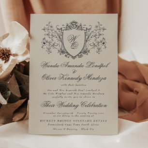 Convites Vinatage Floral Crest Cream Charcarboneto Casament
