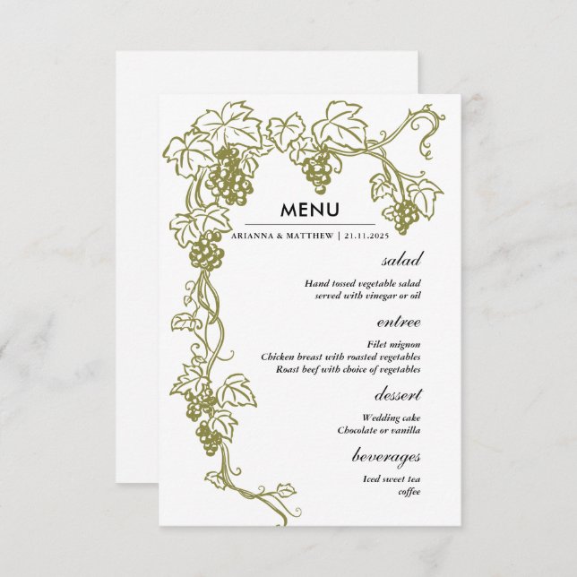 Convites Vineyard Elegante de Grapevine | Menu Casamento It (Frente/Verso)