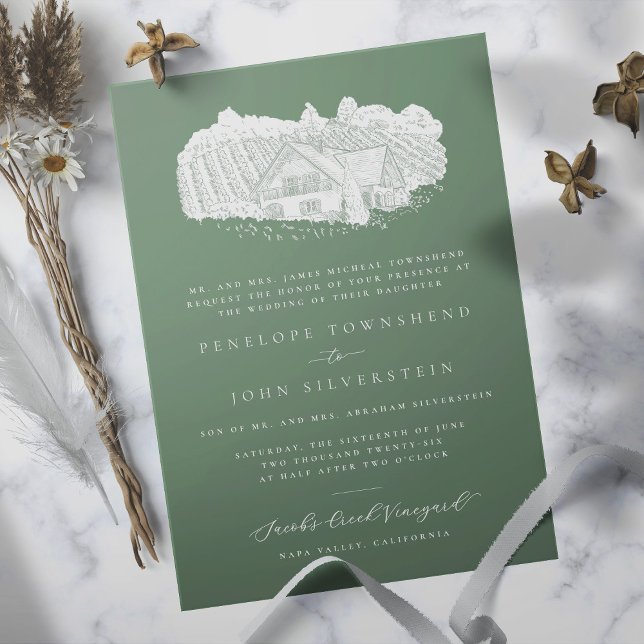 Convites Vineyard Elegante Desenhando Casamento Formal Verd (Sage green formal wedding invitation with an illustration of a vineyard)