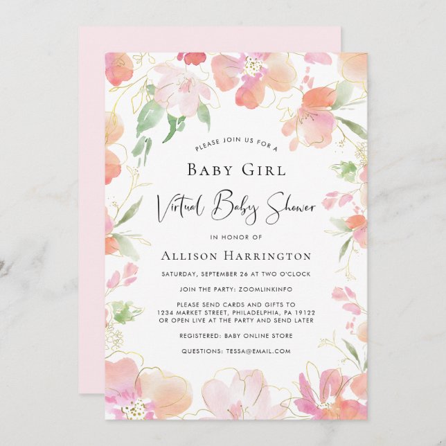 Convites Vinha-Chá Rosa-Cor-de-Água-Floral (Frente/Verso)