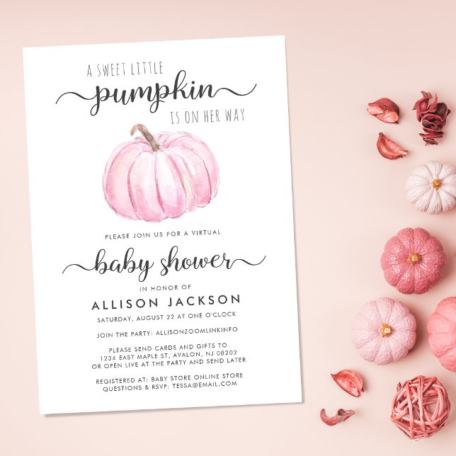 Convites Vinha Chá Rosa Pumpkin Aquarela (Celebrate the upcoming arrival of your sweet autumn baby with a pumpkin-themed virtual baby shower)
