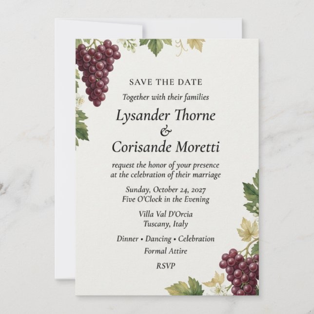 Convites Vinha de Uva & Videira Toscana Save the Date Elega (Frente)