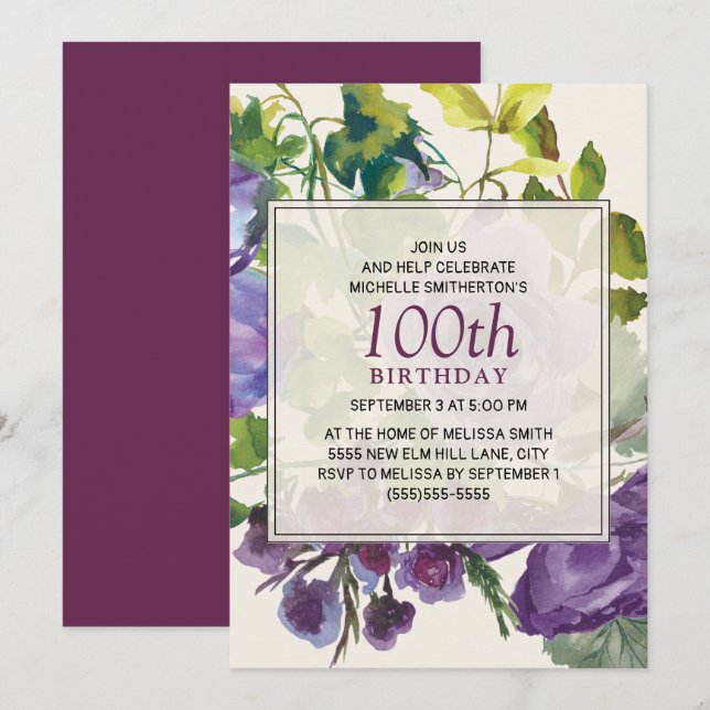 Convites Vinhas Florais de Aquarela Roxa 100º Aniversário (Frente/Verso)