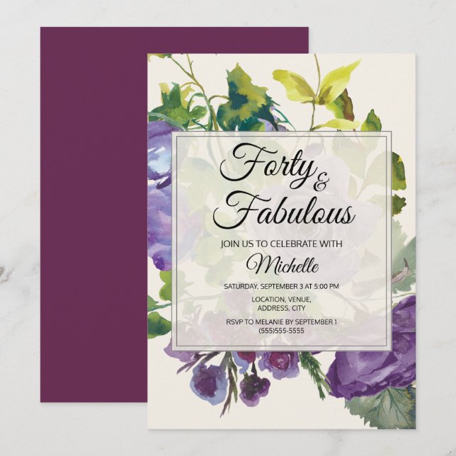 Convites Vinhas Florais de Aquarela Roxa 40º Aniversário (Frente/Verso)