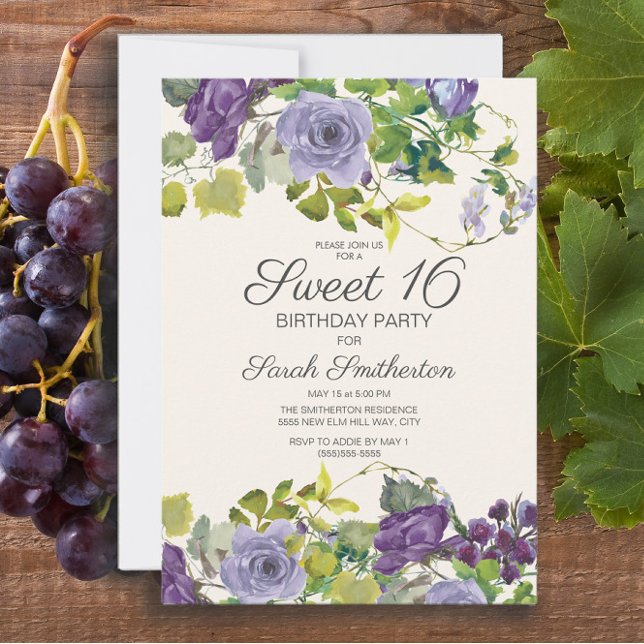 Convites Vinhas Florais de Aquarela Roxa Sweet 16 (Purple floral and vines Sweet 16 birthday party invitation)