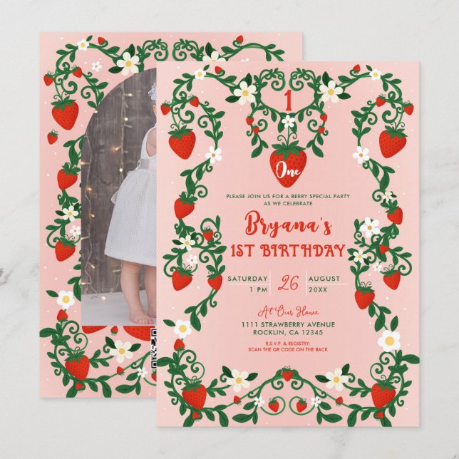 Convites Vinhas Florais Rosa e Vermelho Morango 1º Aniversá (Frente/Verso)