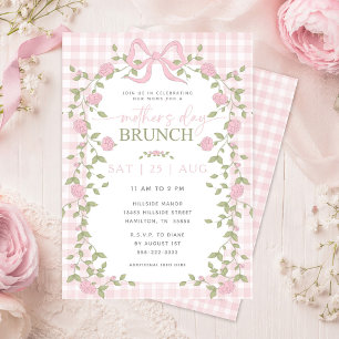 Convites Vinhas Florais Rosadas Xadrez Rosa Brunch do Dia d