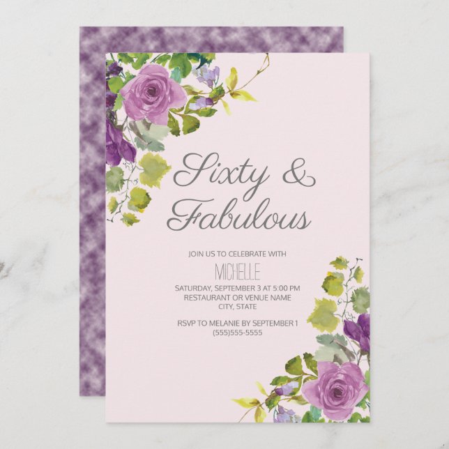 Convites Vinhas Verdes Florais Roxas Elegantes 60.o Anivers (Frente/Verso)