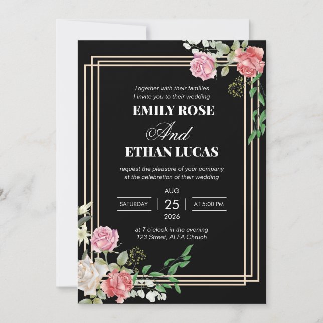 Convites Vinho Borgonha Bege Rosa Floral Monograma (Frente)