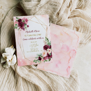 Convites Vinho Borgonha Rosa e Dourado Floral Primeiro Aniv